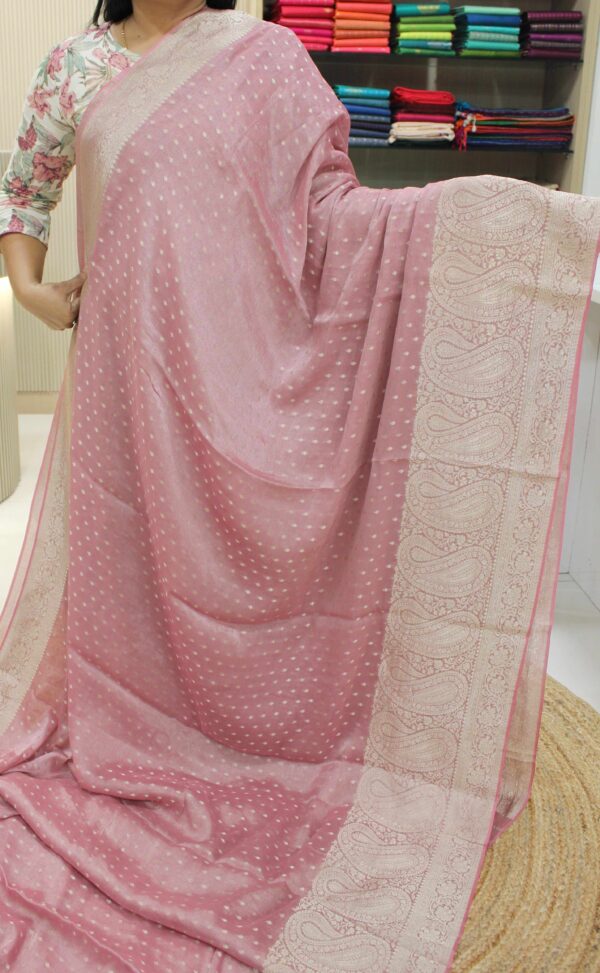 Platinum Zari Woven Small Buttas Tissue Georgette Pure Banaras Saree - Image 3