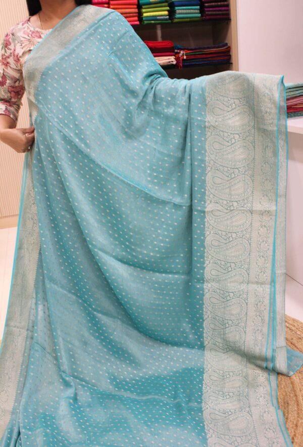 Platinum Zari Woven Small Buttas Tissue Georgette Pure Banaras Saree - Image 2