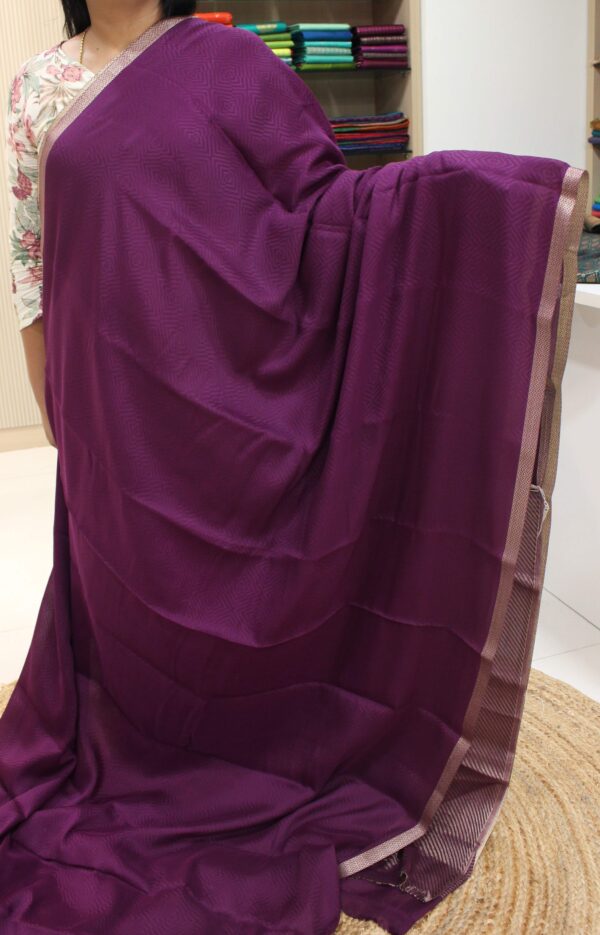 Royal Purple Self Embossed with Small Zari Border Pure Crepe Banaras Saree