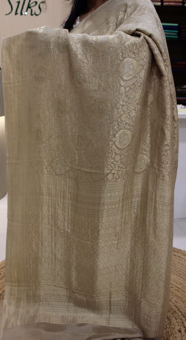 Zari Woven Jaal with Floral, Peacock and Elephant Motifs Pure Crepe Banaras Saree