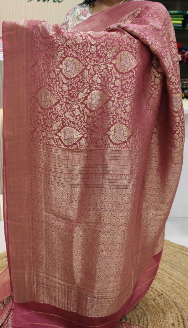 Zari Woven Jaal with Floral, Peacock and Elephant Motifs Pure Crepe Banaras Saree - Image 4