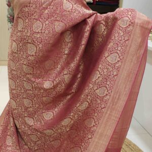 Alternative view of Zari Woven Jaal with Floral, Peacock and Elephant Motifs Pure Crepe Banaras Saree