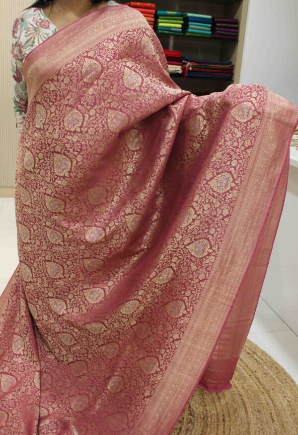 Zari Woven Jaal with Floral, Peacock and Elephant Motifs Pure Crepe Banaras Saree - Image 2
