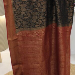 Alternative view of Black and Red with Zari Woven Jungle Theme Pure Crepe Banaras Saree