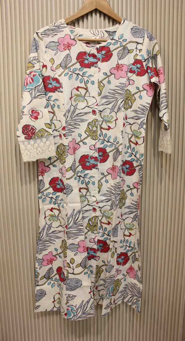 Off White with Multicolor Floral Prints Cotton Kurta