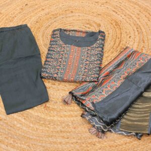 Alternative view of Green with Orange and Beige Printed with Sequence work Designer Kurta Set