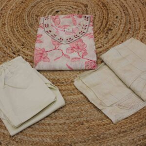 Alternative view of Beige with Pink Floral Prints and Pearl and Zardosi work On Neck Kurta set