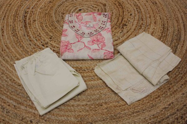 Beige with Pink Floral Prints and Pearl and Zardosi work On Neck Kurta set - Image 2