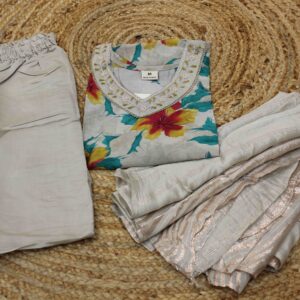 Grey with Multicolor Floral Prints and Pearl Work on Neck Kurta Set