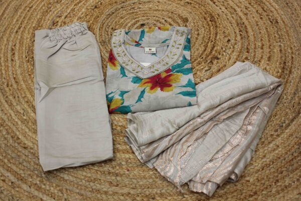Grey with Multicolor Floral Prints and Pearl Work on Neck Kurta Set