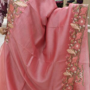 Scallop Border with Floral Embroidery Crush Tissue Saree