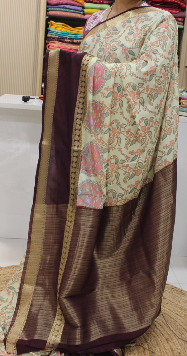 Kalamkari Floral Printed with Bentex Border Semi Mysore Crepe Saree