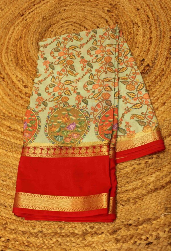 Kalamkari Floral Printed with Bentex Border Semi Mysore Crepe Saree - Image 3