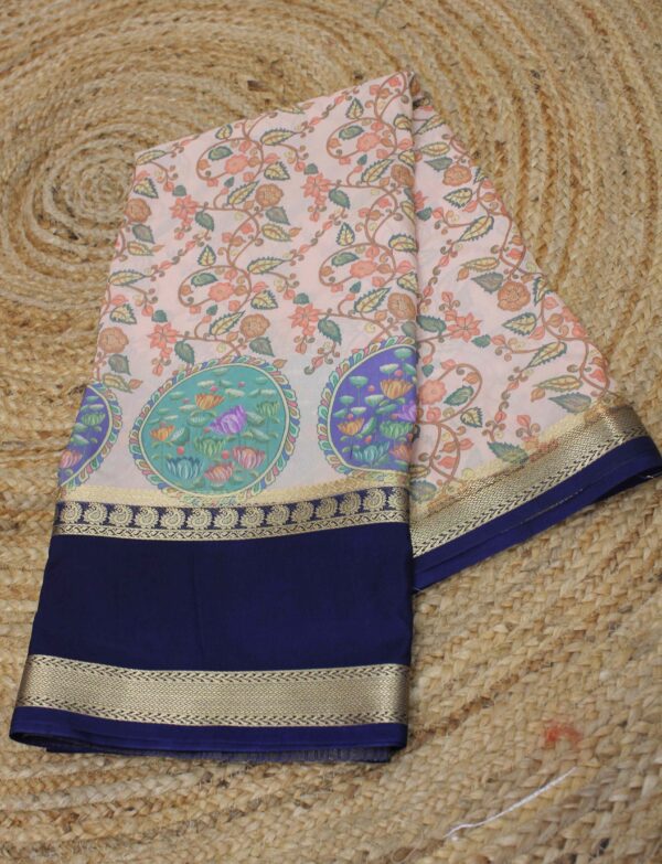 Kalamkari Floral Printed with Bentex Border Semi Mysore Crepe Saree - Image 4