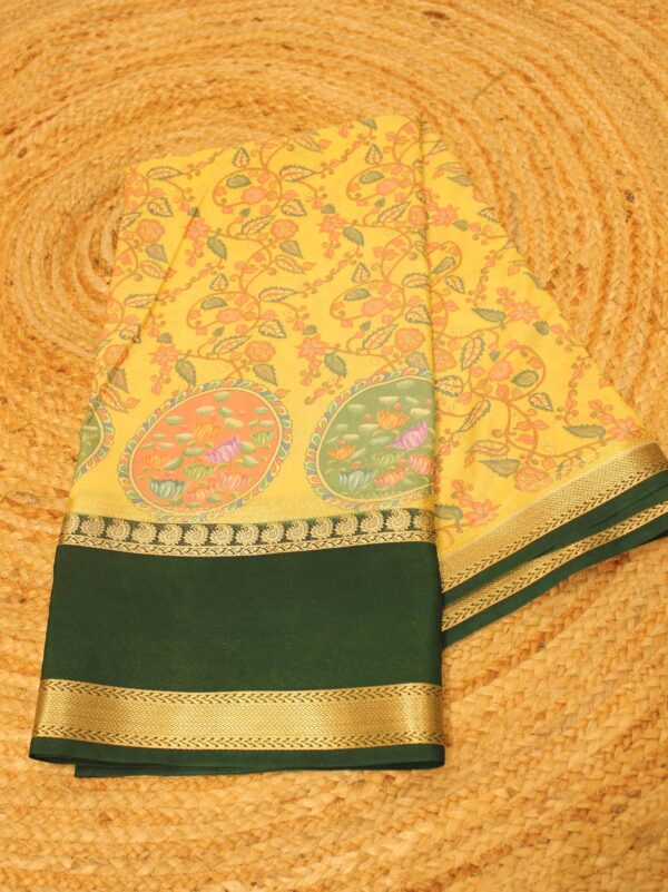 Kalamkari Floral Printed with Bentex Border Semi Mysore Crepe Saree - Image 5