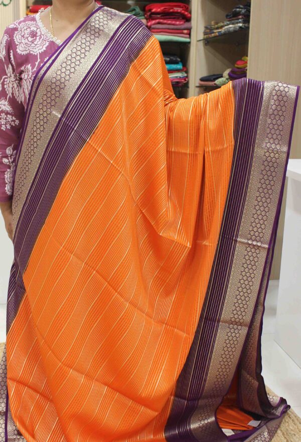 Horizontal Zari Stripes Double Border Premium Semi Mysore Crepe Saree