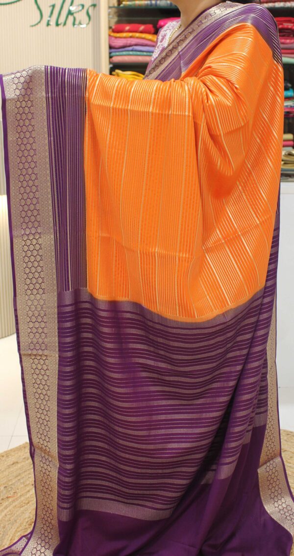 Horizontal Zari Stripes Double Border Premium Semi Mysore Crepe Saree - Image 2