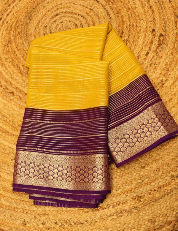 Horizontal Zari Stripes Double Border Premium Semi Mysore Crepe Saree - Image 3
