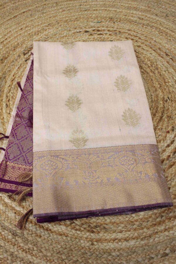 Pinkish Pearl & Royal Purple Pure Raw Silk Tussar Saree - Image 2