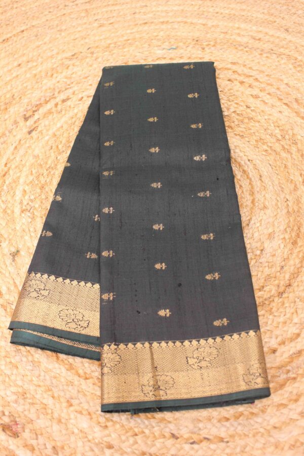 Bottle Green & Beige Small Buttas Pure Raw Silk Tussar Saree