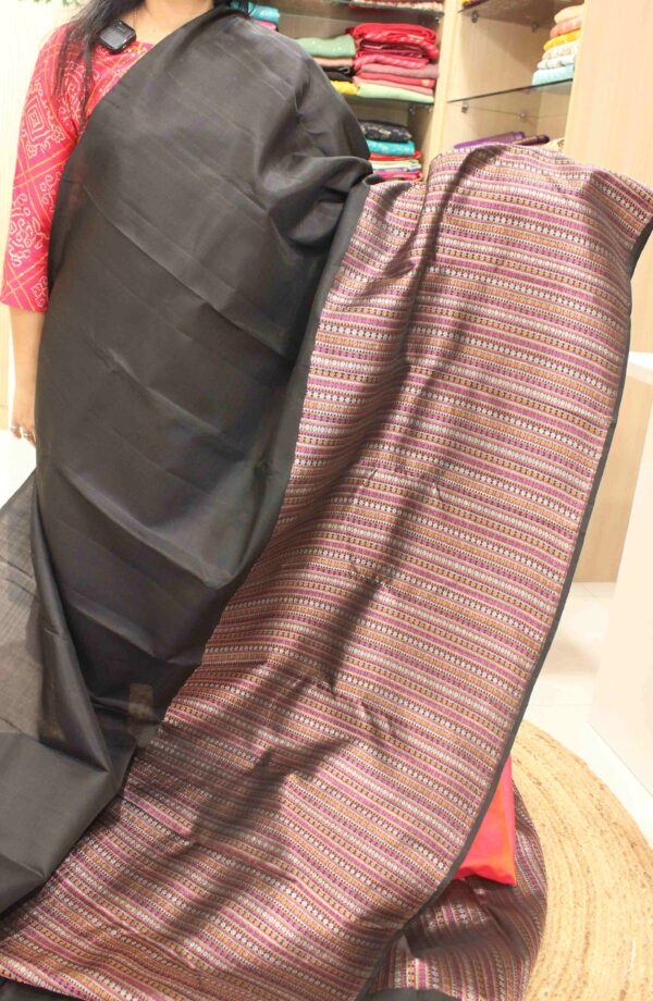 Black & Multicolor Stripes Half & Half Pure Handloom Kanchi Silk Saree