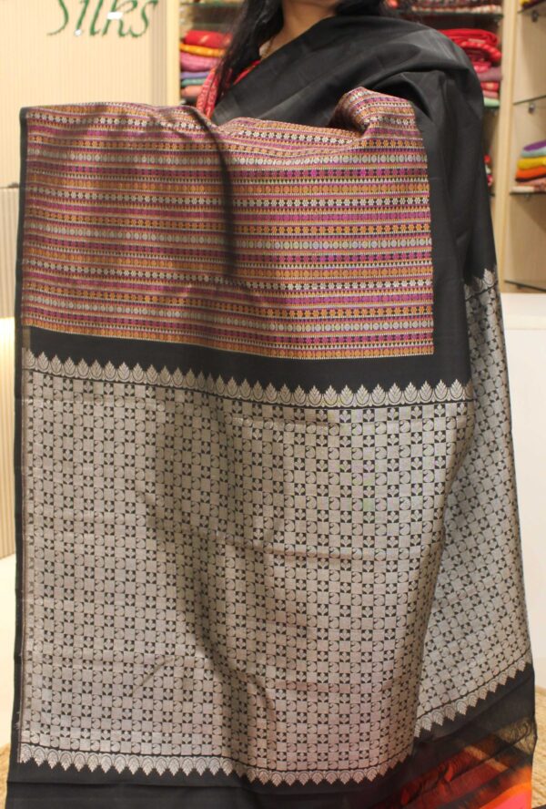 Black & Multicolor Stripes Half & Half Pure Handloom Kanchi Silk Saree - Image 4