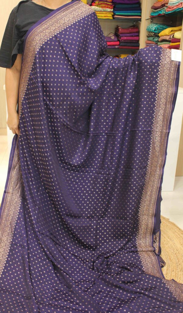 Navy Blue Small Floral Buttas Pure Crepe Chiffon Banaras Saree