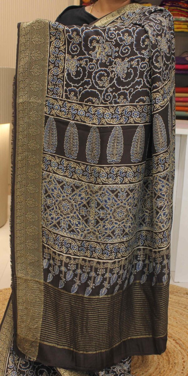 Abstract Ajrakh Prints Pure Dola Silk Saree - Image 2