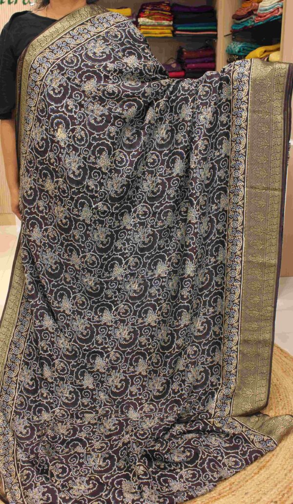 Abstract Ajrakh Prints Pure Dola Silk Saree