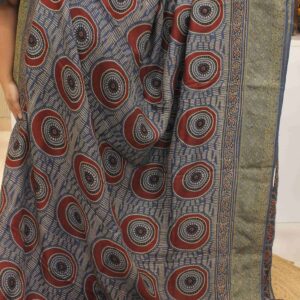 Blue and Red Ajrakh Prints Pure Dola Silk Saree