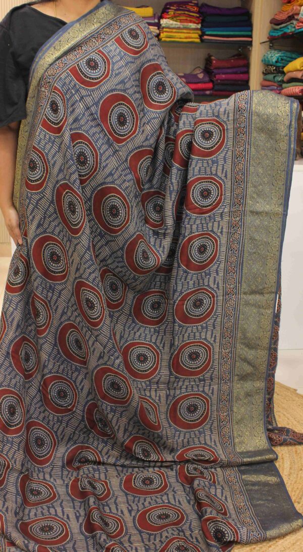 Blue and Red Ajrakh Prints Pure Dola Silk Saree