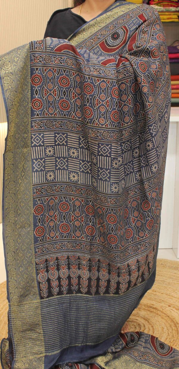 Blue and Red Ajrakh Prints Pure Dola Silk Saree - Image 2