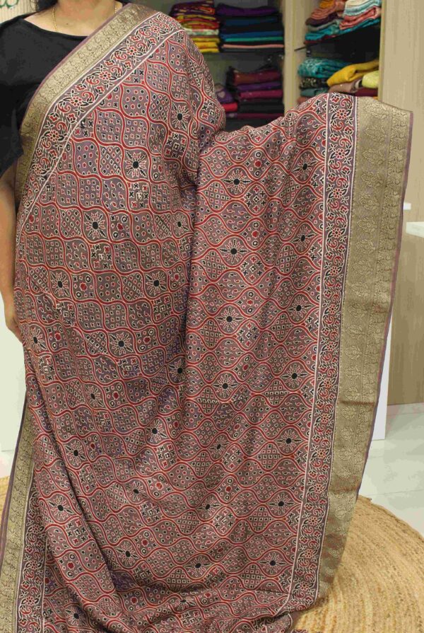 Snuff and Black Ajrakh Prints Pure Dola Silk Saree