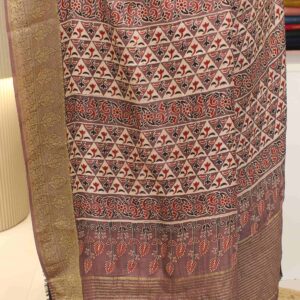 Alternative view of Snuff and Black Ajrakh Prints Pure Dola Silk Saree