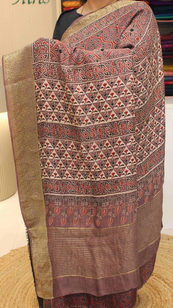Snuff and Black Ajrakh Prints Pure Dola Silk Saree - Image 2