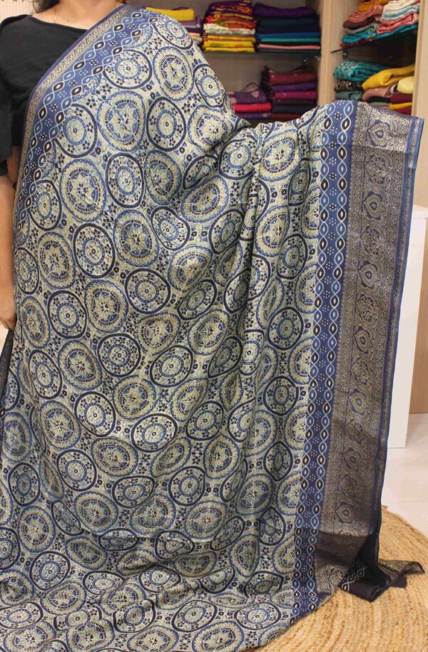 Blue and Black Ajrakh Prints Pure Dola Silk Saree