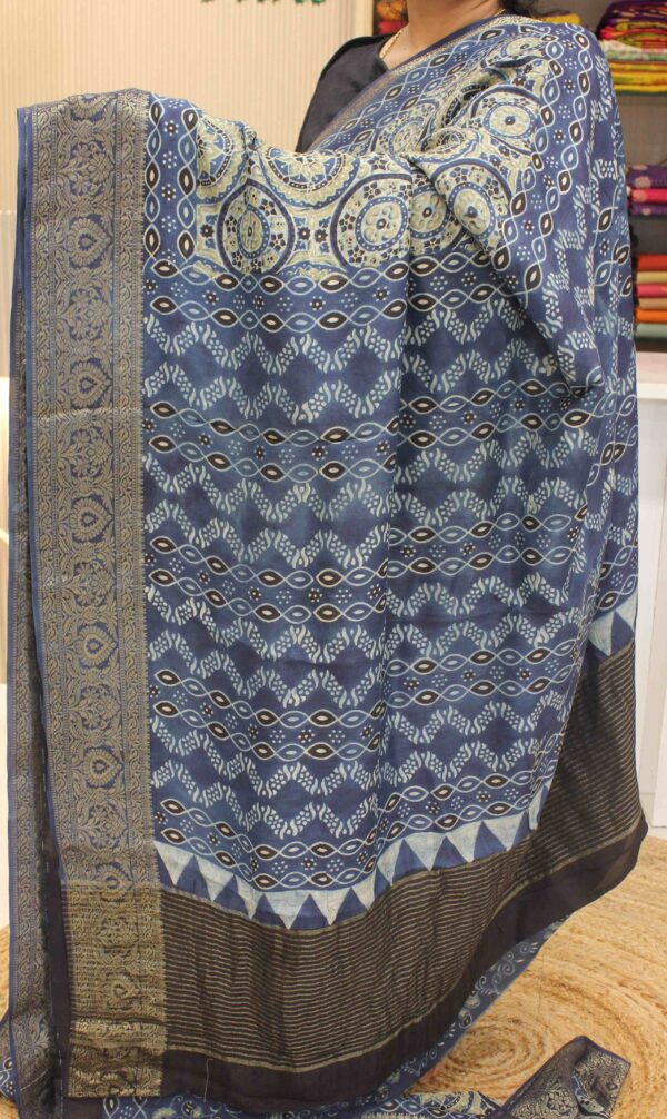 Blue and Black Ajrakh Prints Pure Dola Silk Saree - Image 2
