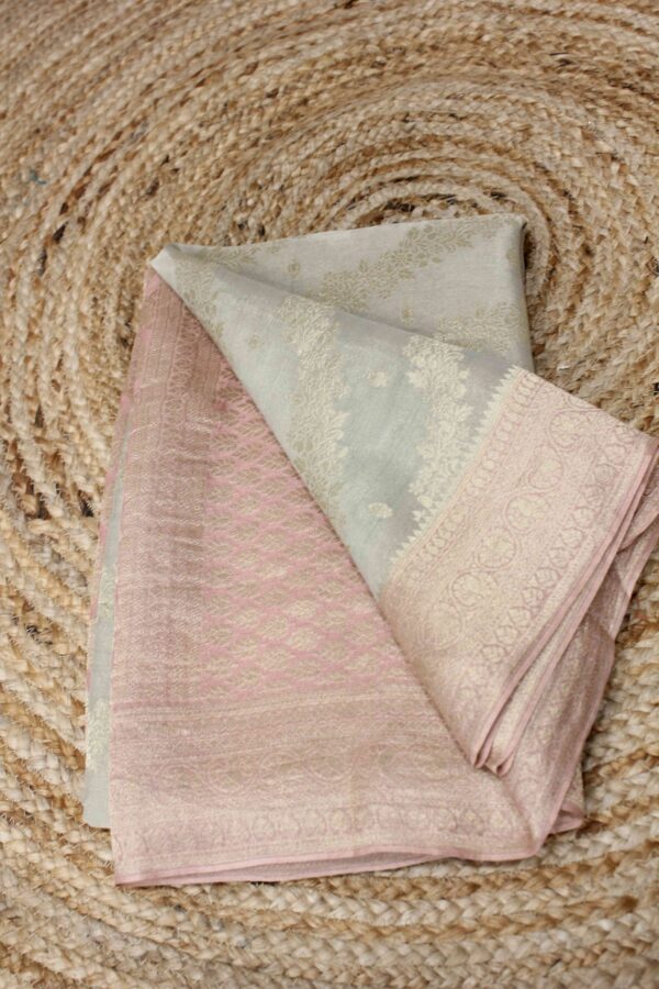 Grey and Pink Zari Woven Jaal Pure Tissue Georgette Saree - Image 2