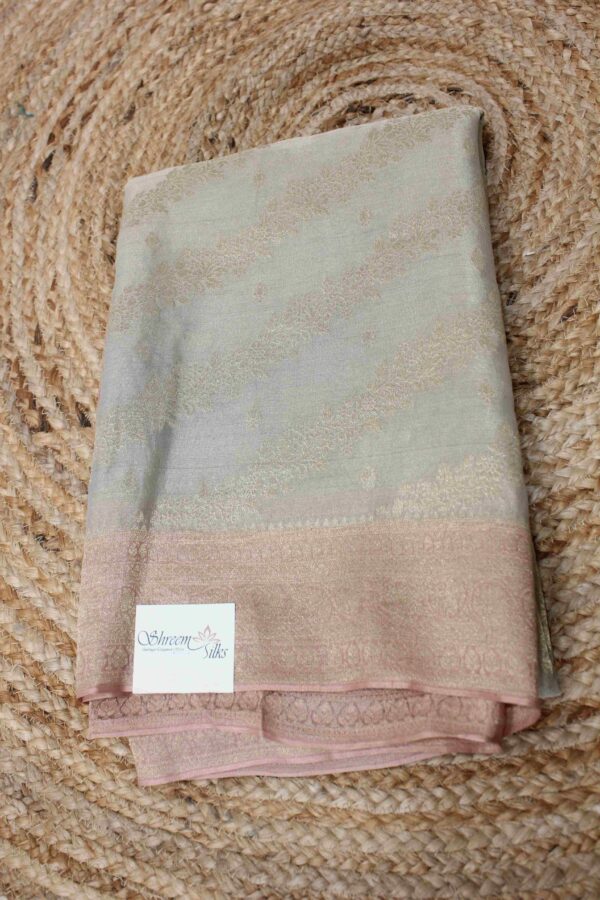 Grey and Pink Zari Woven Jaal Pure Tissue Georgette Saree - Image 3