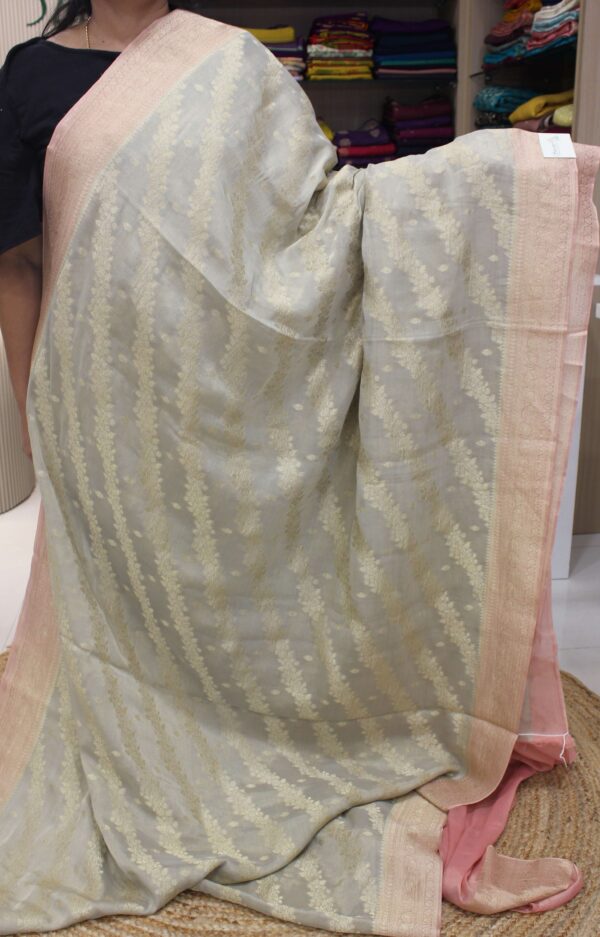 Grey and Pink Zari Woven Jaal Pure Tissue Georgette Saree