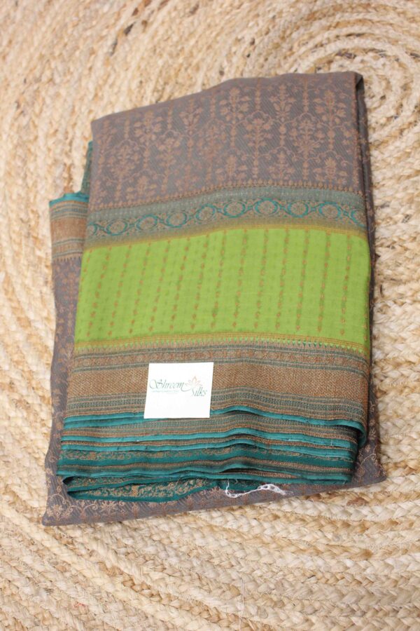 Grey, Green and Peacoick Green Zari Woven 3D Pure Crepe Saree - Image 2