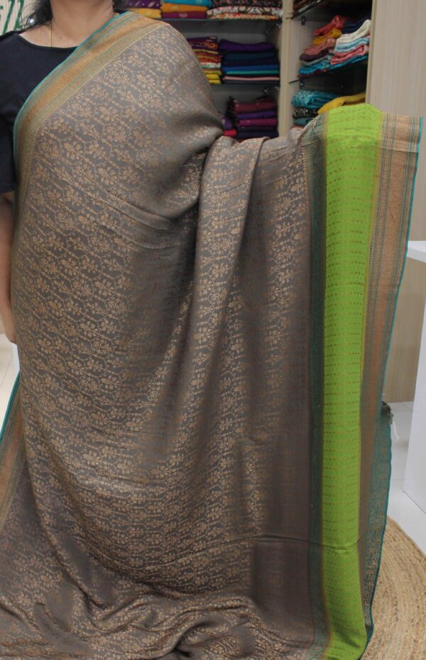 Grey, Green and Peacoick Green Zari Woven 3D Pure Crepe Saree