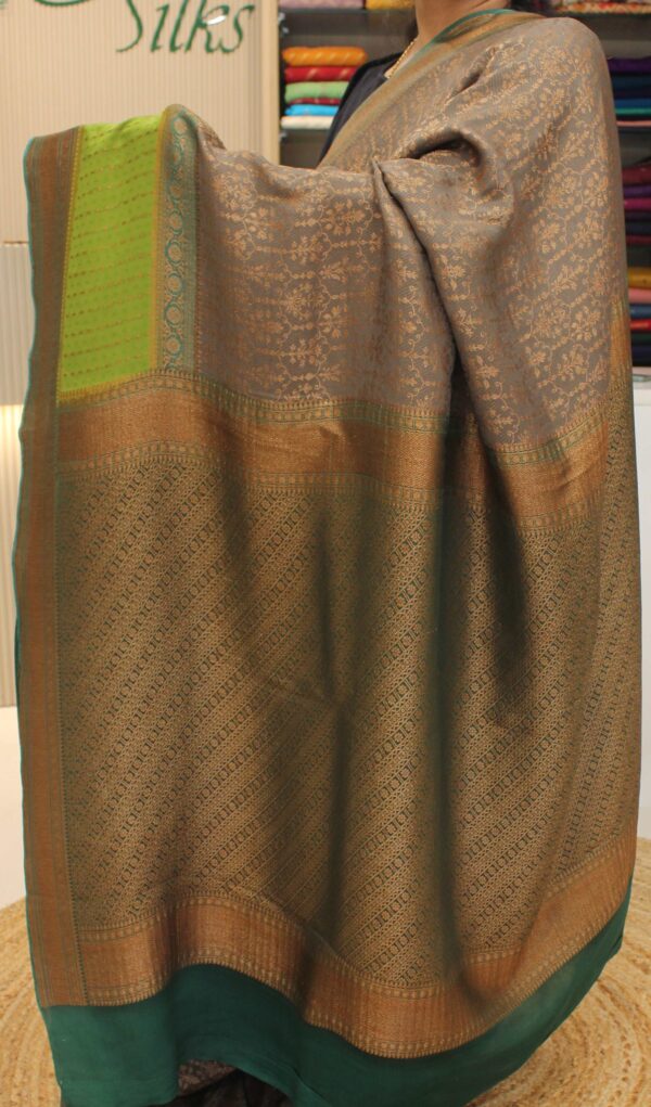 Grey, Green and Peacoick Green Zari Woven 3D Pure Crepe Saree - Image 3