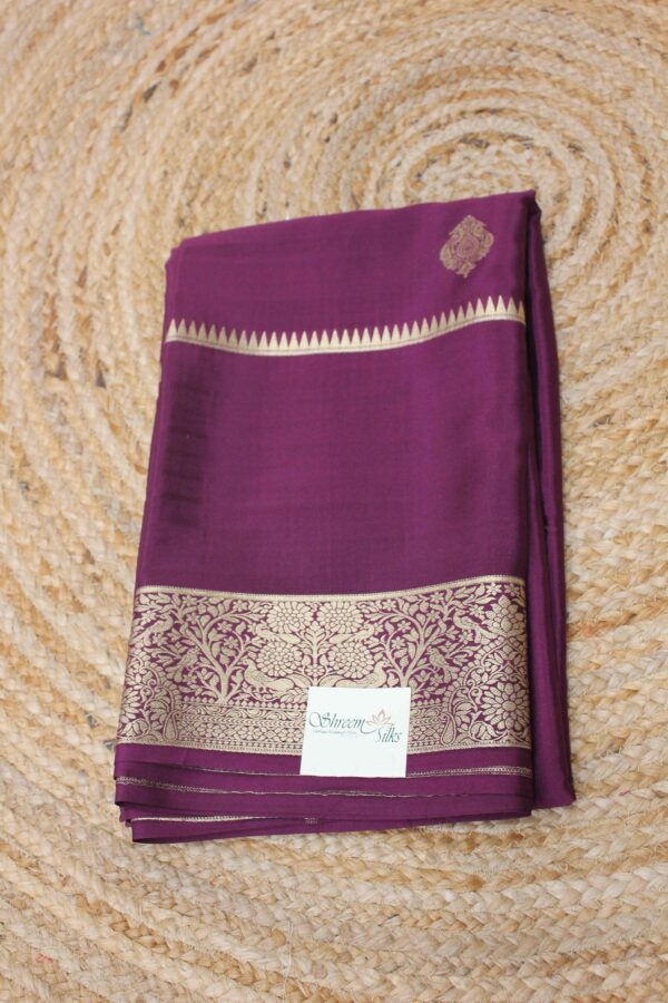Wine with Zari Woven Peacock Motifs with Bentex Border Pure Banaras Crepe Saree - Image 2