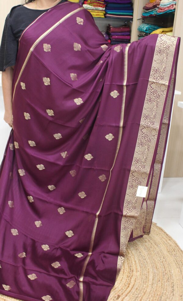 Wine with Zari Woven Peacock Motifs with Bentex Border Pure Banaras Crepe Saree