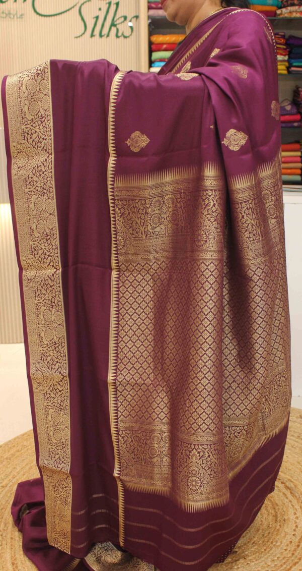 Wine with Zari Woven Peacock Motifs with Bentex Border Pure Banaras Crepe Saree - Image 3