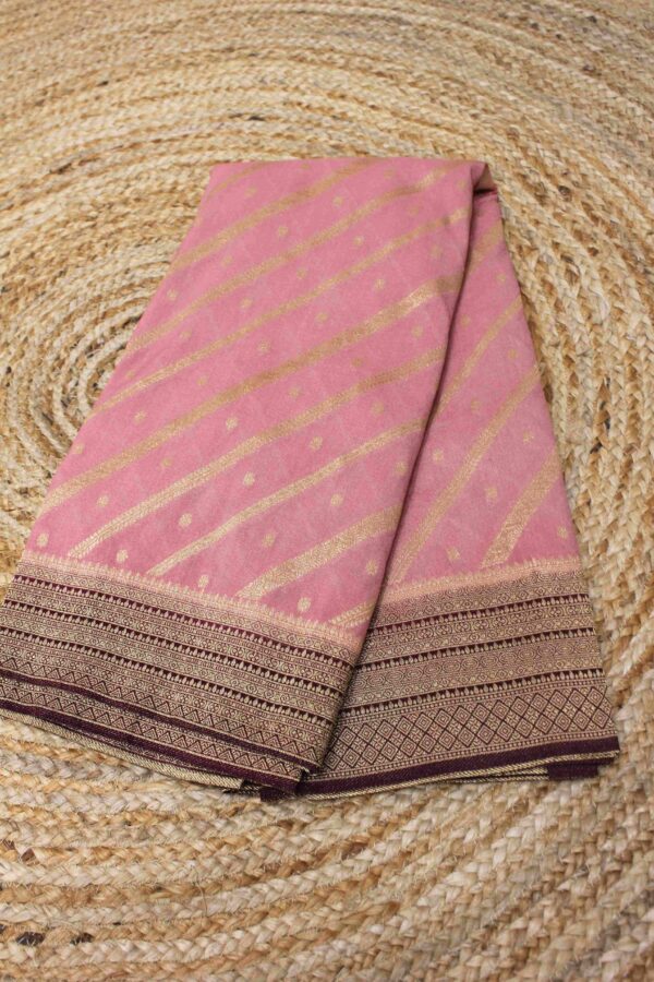 Zari Woven Diagonal Stripes with Floral Buttas Banaras Semi Crepe Saree - Image 3