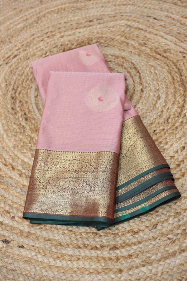 Zari Checks with Mango Motifs Semi Kanchi Saree - Image 4
