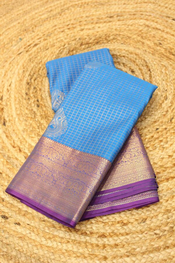 Zari Checks with Mango Motifs Semi Kanchi Saree - Image 5
