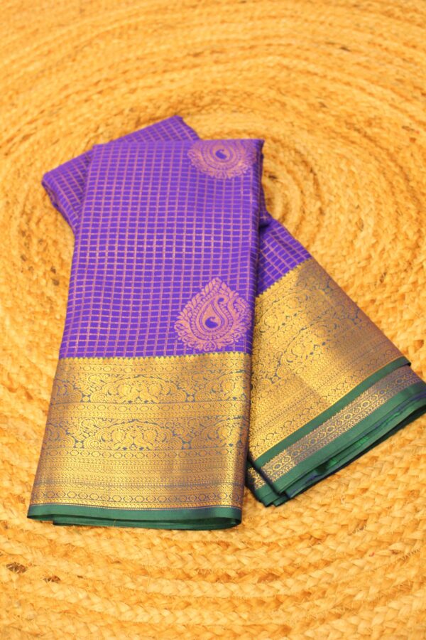 Zari Checks with Mango Motifs Semi Kanchi Saree - Image 6